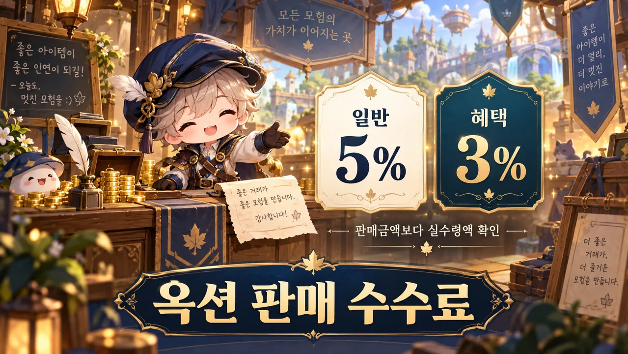 옥션 상인이 일반 수수료 5%와 혜택 수수료 3%를 비교하는 그림