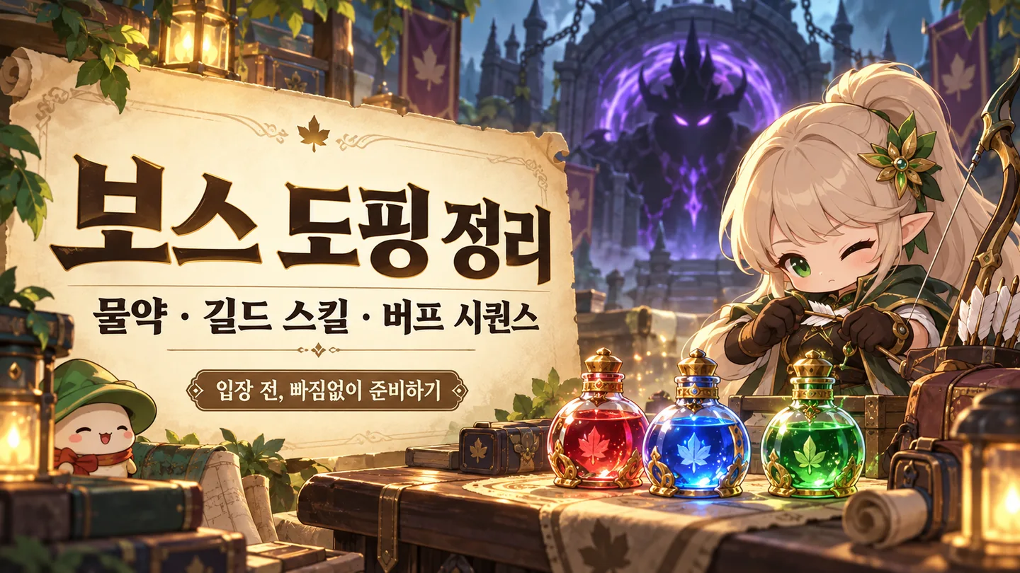 메이플 보스 도핑 물약과 버프 준비를 표현한 판타지 표지