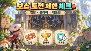 보스 던전 문 앞에서 입장권·승리 트로피·재도전 시계를 확인하는 모험가