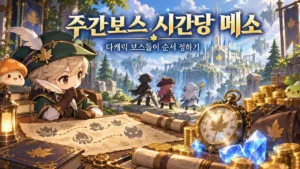 시계와 결정석을 보며 다캐릭 보스돌이 순서를 계획하는 모험가 표지