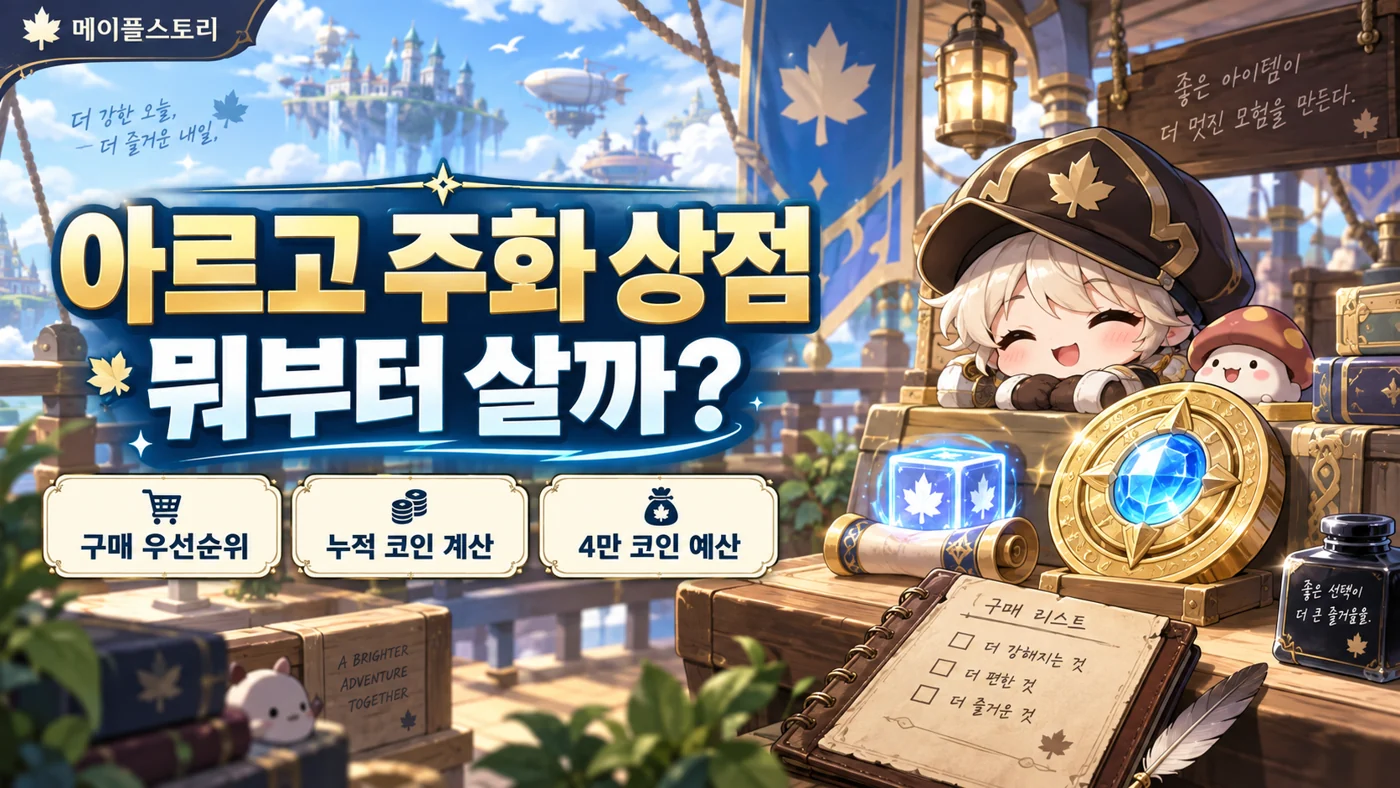 아르고 주화 상점 구매 우선순위와 4만 코인 사용 예산을 소개하는 표지
