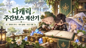 다캐릭 주간보스 계산기의 캐릭터 추가·파티 분배·주간 기록을 소개하는 판타지 일러스트