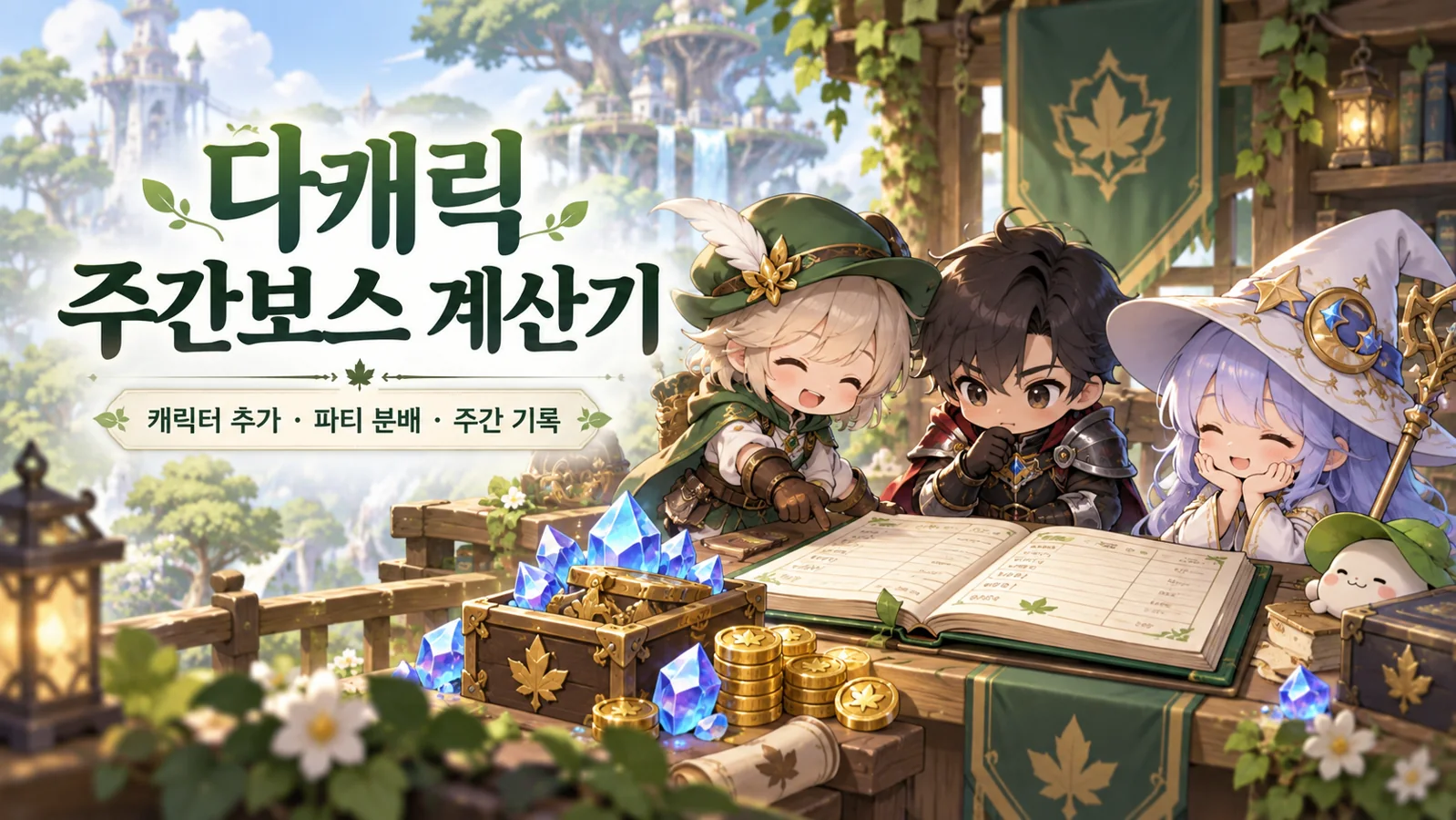 다캐릭 주간보스 계산기의 캐릭터 추가·파티 분배·주간 기록을 소개하는 판타지 일러스트