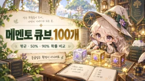 메멘토 큐브 100개로 등급업할 확률과 평균·50%·90% 필요 개수를 비교하는 표지