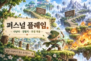 높은 사냥터와 익숙한 사냥터 사이에서 퍼스널 플레임 경험치를 비교하는 판타지 일러스트