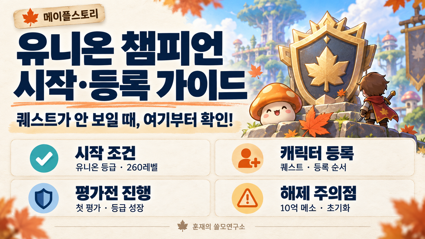 유니온 챔피언 시작 조건, 캐릭터 등록, 평가전 진행, 해제 주의점을 소개하는 표지