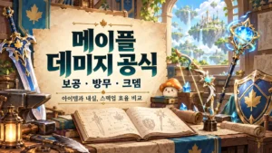 메이플 데미지 공식과 보공·방무·크뎀, 아이템·내실 스탯 비교를 안내하는 표지