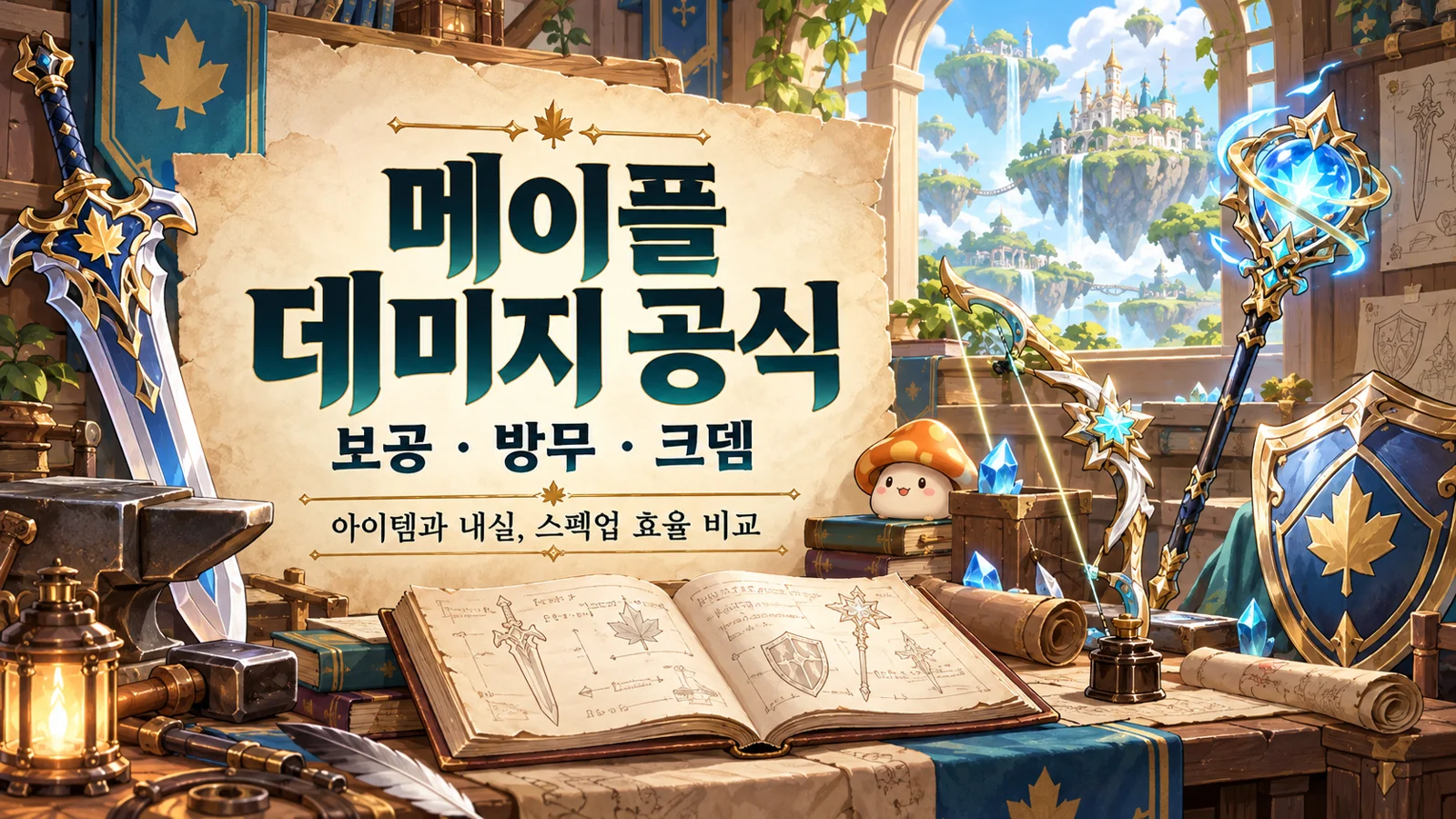 메이플 데미지 공식과 보공·방무·크뎀, 아이템·내실 스탯 비교를 안내하는 표지