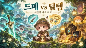 숲속에서 공격 장비와 드메 장신구를 비교하는 모험가와 모래시계
