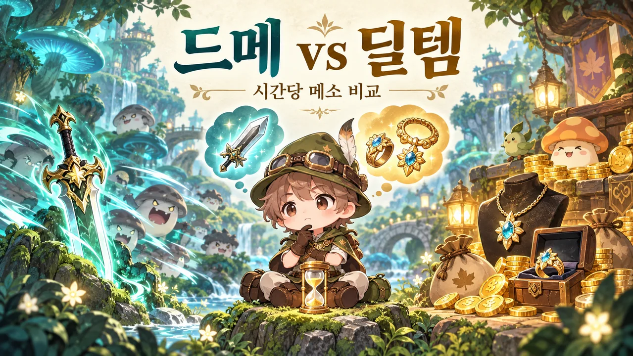숲속에서 공격 장비와 드메 장신구를 비교하는 모험가와 모래시계
