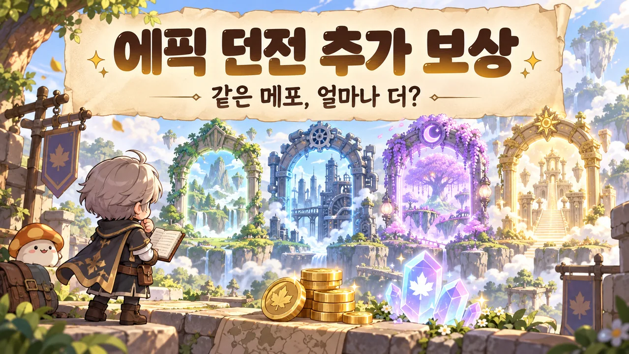네 개의 판타지 던전 입구와 경험치 결정을 보며 메포 예산을 비교하는 모험가