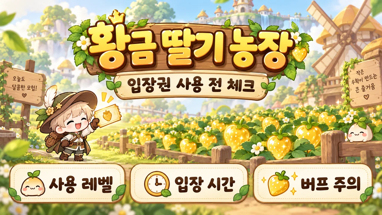 입장권을 든 모험가와 황금 딸기 농장, 사용 레벨·입장 시간·버프 주의 안내