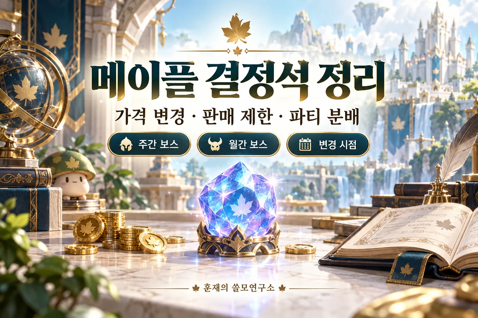 메이플 결정석 가격 변경, 판매 제한과 파티 분배를 정리한 안내 표지