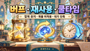 모래시계·순환 화살표·시계로 버프 지속시간과 재사용 미적용·쿨타임 감소를 구분한 일러스트