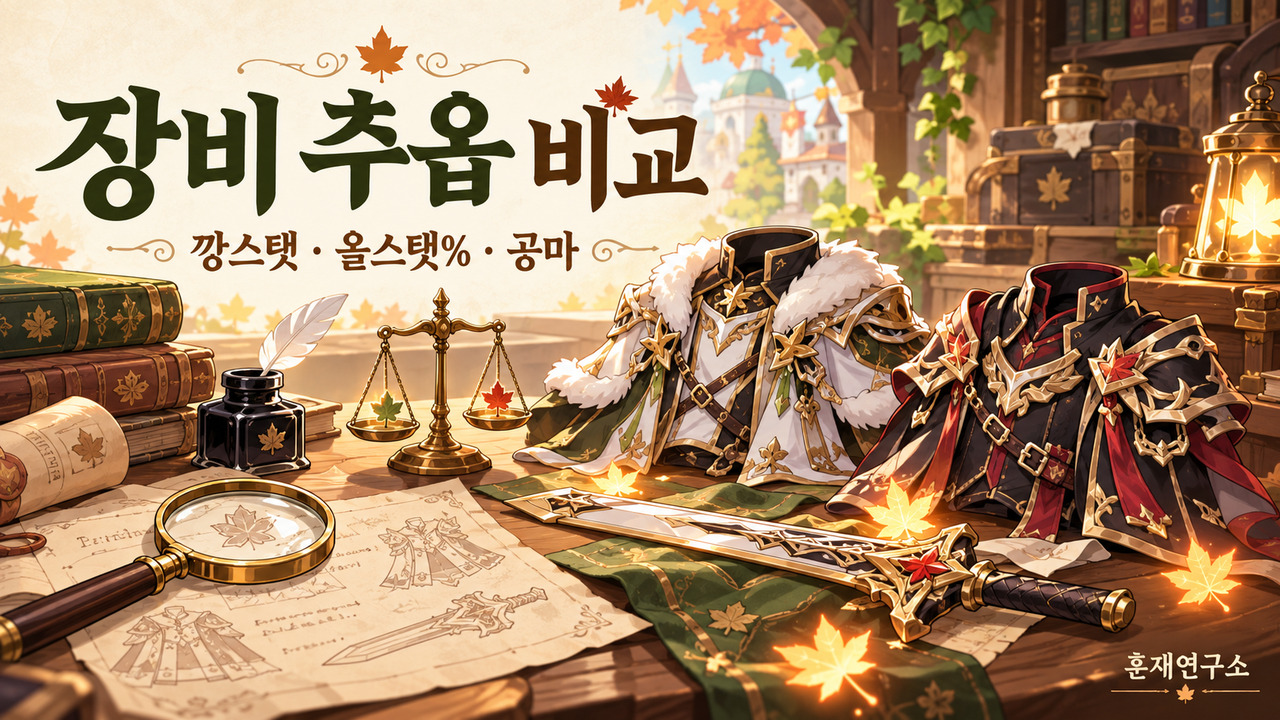 두 벌의 장비와 검을 저울·돋보기로 살펴보는 장비 추옵 비교 일러스트