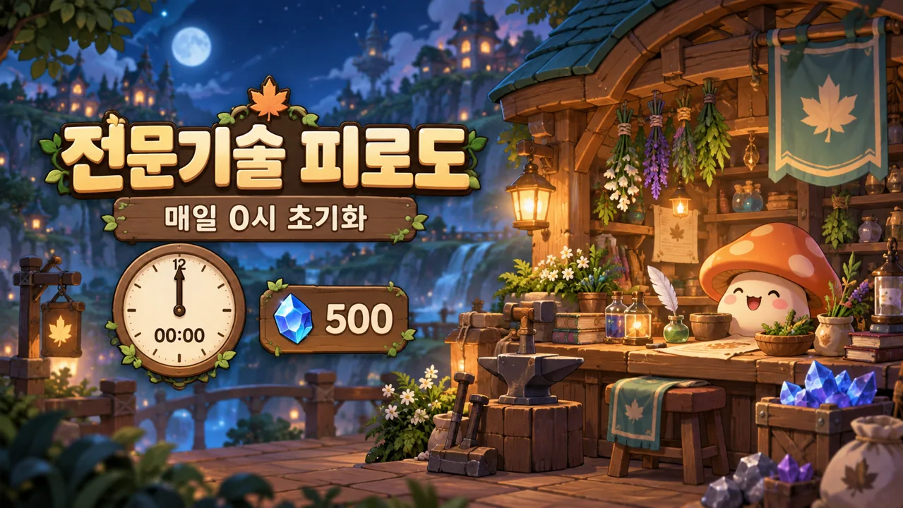 약초와 광석이 놓인 공방에 피로도 500과 자정 초기화를 표현한 그림