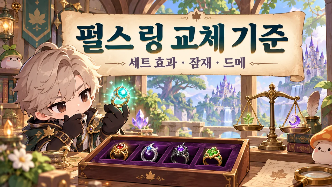 보석 작업대에서 펄스 링과 기존 반지 네 개의 교체를 비교하는 모험가