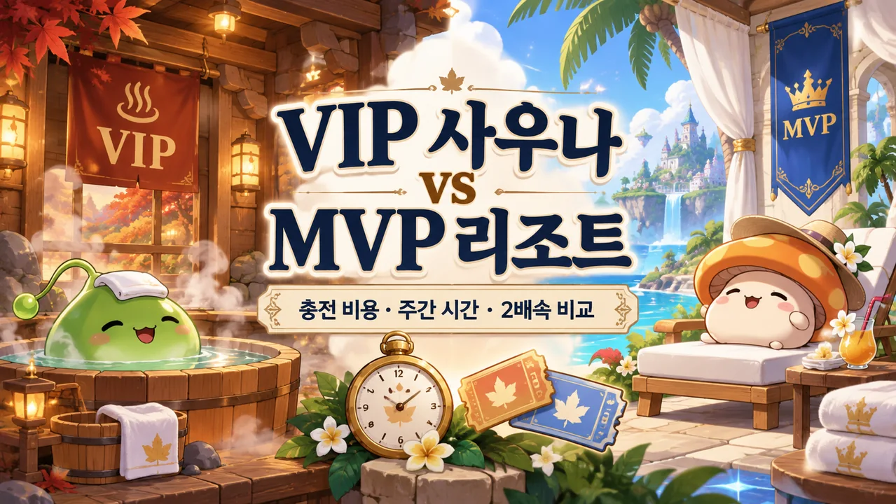 따뜻한 VIP 사우나와 휴양 공간 MVP 리조트의 충전 비용과 주간 이용 시간을 비교하는 표지