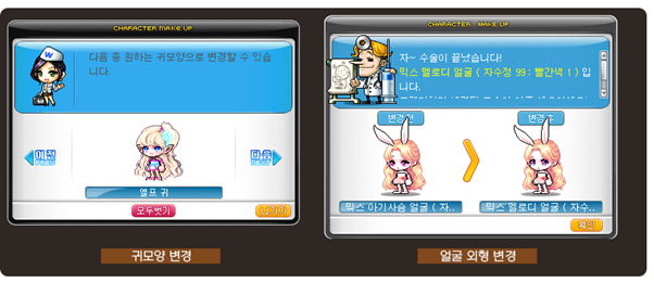 뷰티 쿠폰으로 귀 모양과 얼굴 외형을 변경하는 공식 UI 예시