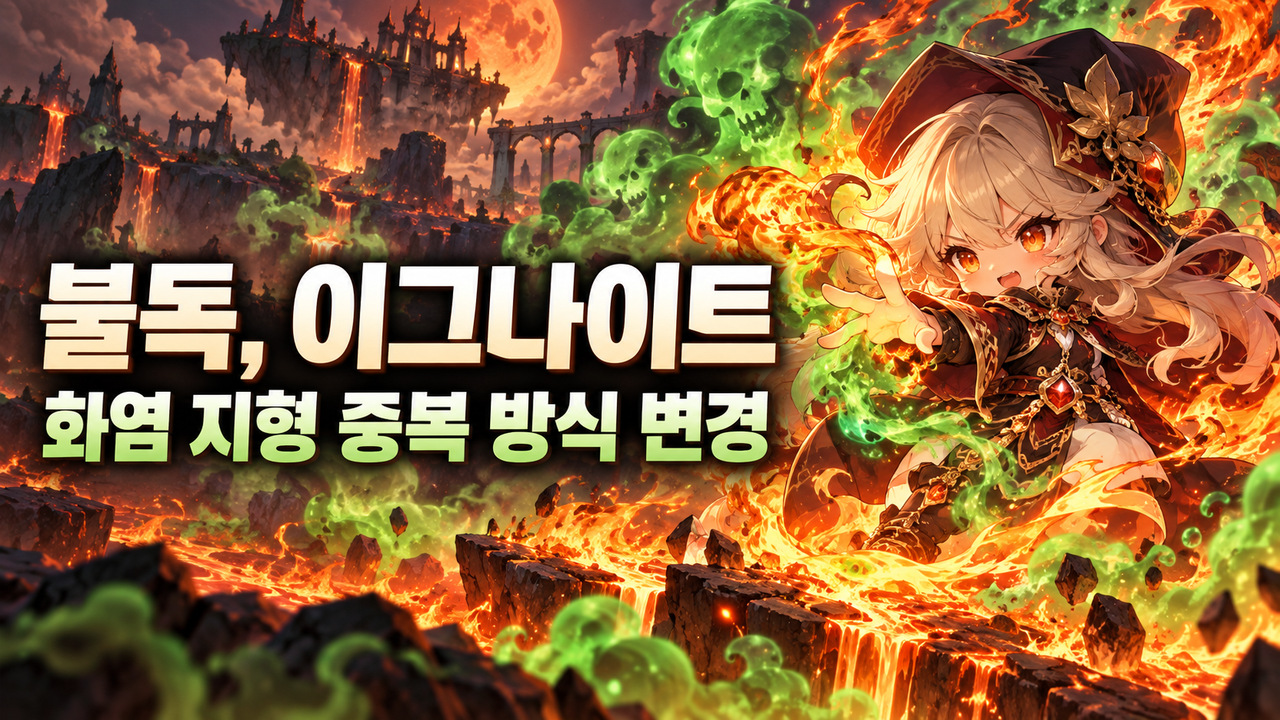 화염과 녹색 독기 지형을 표현한 불독 이그나이트 변경 안내