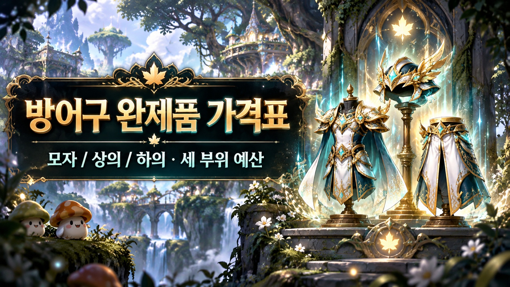 방어구 완제품 가격표와 모자·상의·하의 세 부위 예산을 나타내는 메이플풍 설명 표지