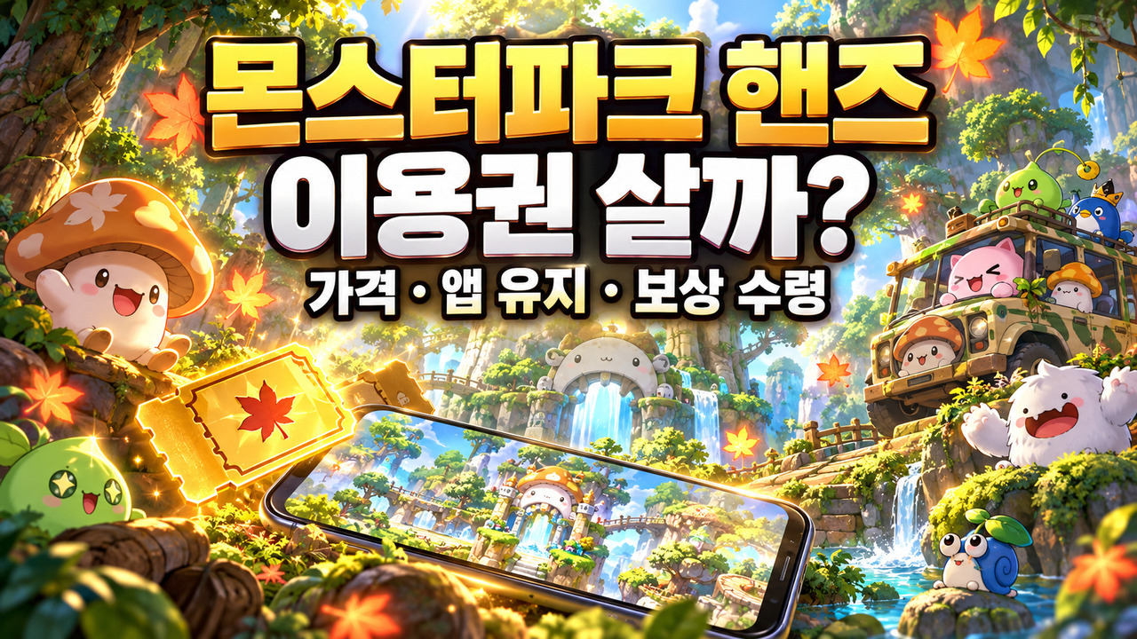 몬스터파크 핸즈의 앱 화면 유지와 PC 접속 제한, 시간당 이용권 비용을 설명하는 표지