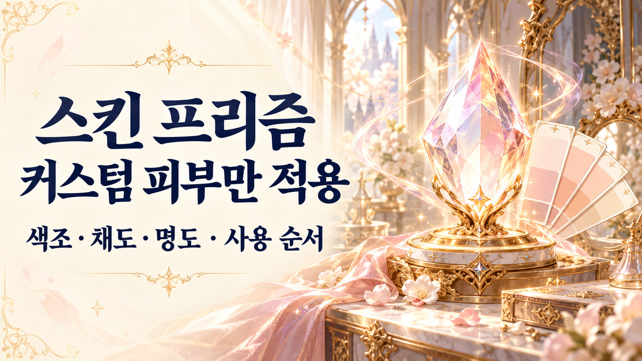 스킨 프리즘은 커스텀 피부에 적용한다는 조건과 색조·채도·명도 조절을 설명하는 표지