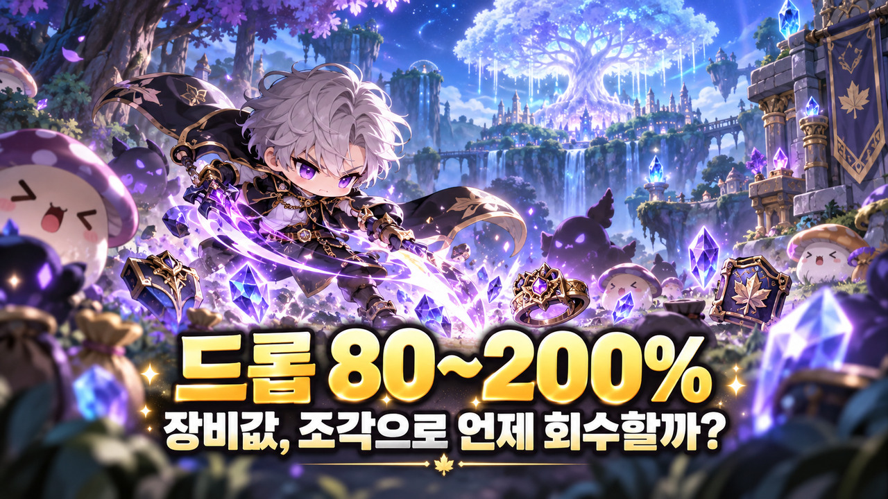 메이플 드롭80~200%의 추가 장비값과 솔 에르다 조각 수익 회수시간을 비교하는 설명 그림