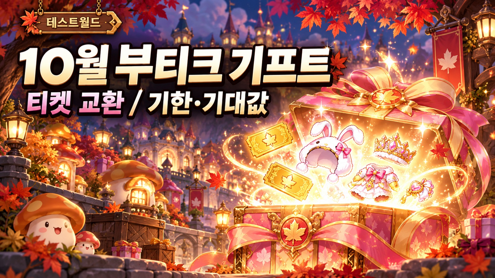 10월 부티크 기프트의 티켓 교환과 기한·기대값을 설명하는 메이플풍 판타지 표지