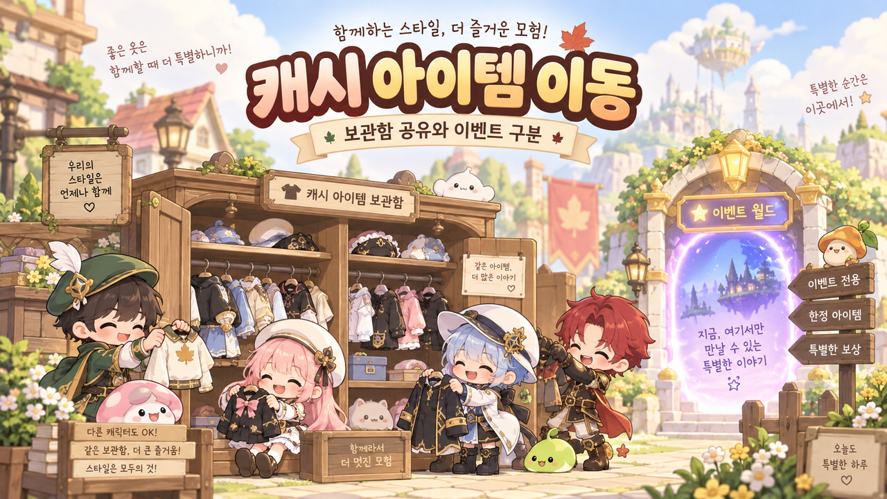 캐시 보관함 공유와 이벤트 이동을 구분하는 메이플풍 일러스트