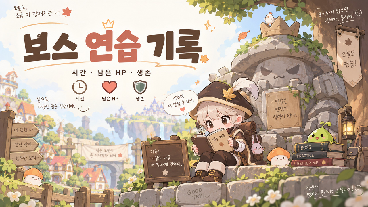 보스 연습 시간과 남은 체력, 생존을 기록하는 메이플풍 일러스트