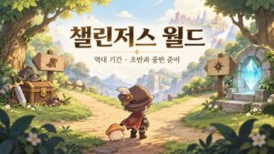 장비 상자와 성장 수정을 들고 갈림길을 살피는 모험가, 챌린저스 월드 기간과 육성 준비 일러스트