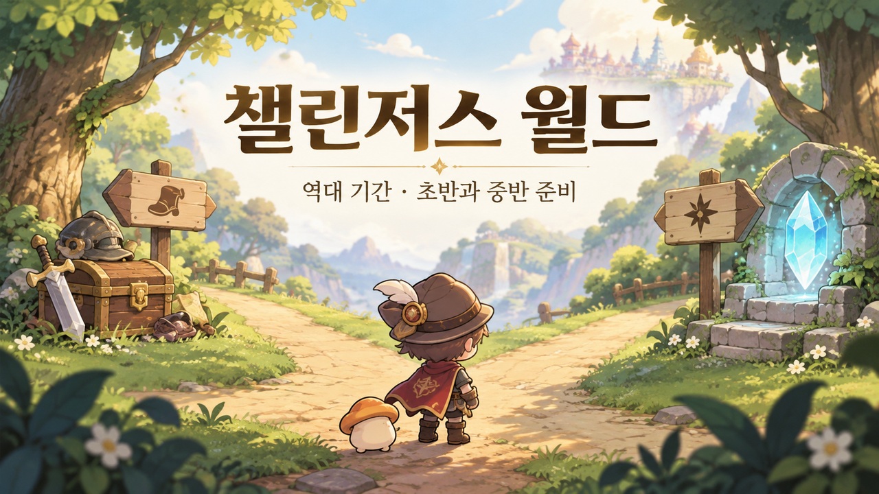장비 상자와 성장 수정을 들고 갈림길을 살피는 모험가, 챌린저스 월드 기간과 육성 준비 일러스트