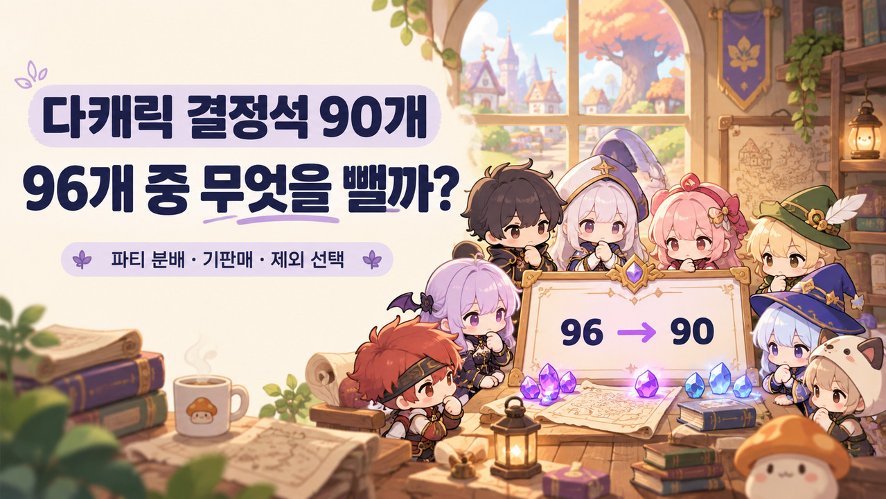 다캐릭 결정석 90개와 96개 후보에서 제외할 항목을 비교하는 판타지 일러스트