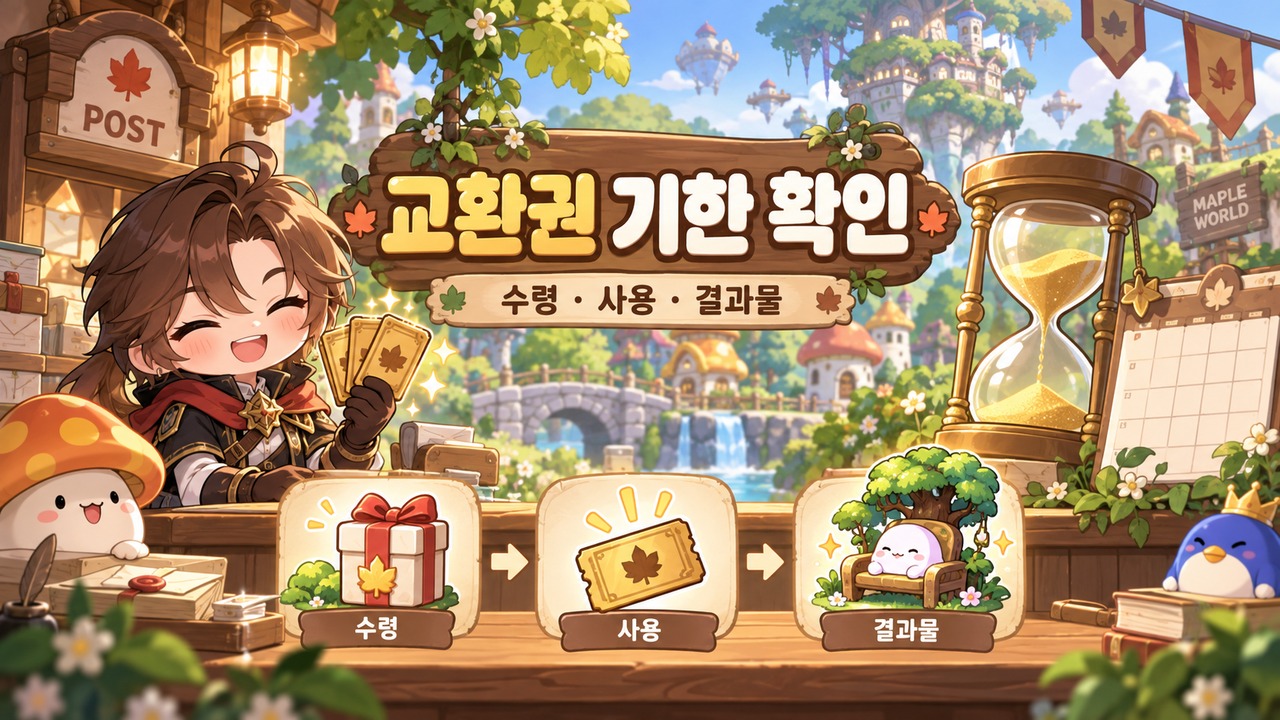 메이플 교환권 기한 확인법|수령·사용·결과물 만료 구분 내용을 설명하는 판타지 일러스트
