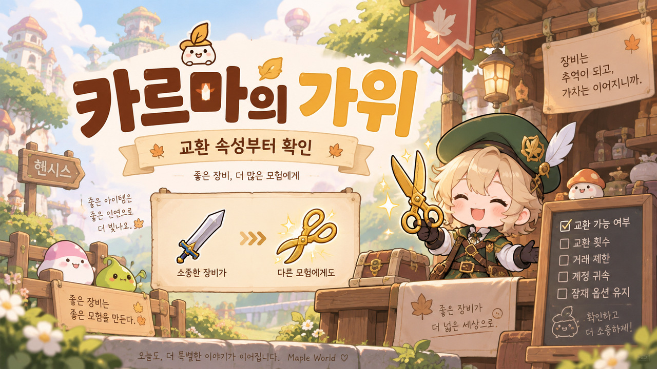 장비 교환 속성과 카르마의 가위를 확인하는 메이플풍 일러스트