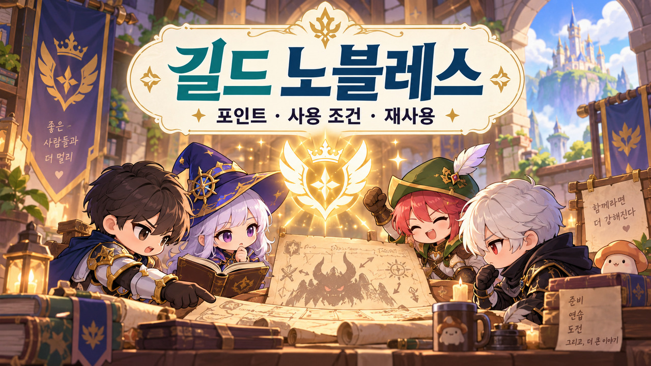 길드 모험가들이 노블레스 포인트와 사용 조건을 점검하는 판타지 일러스트