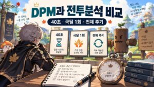 DPM표와 내 전투분석 비교｜40초·극딜 1회·전체 주기 기록 주제 일러스트