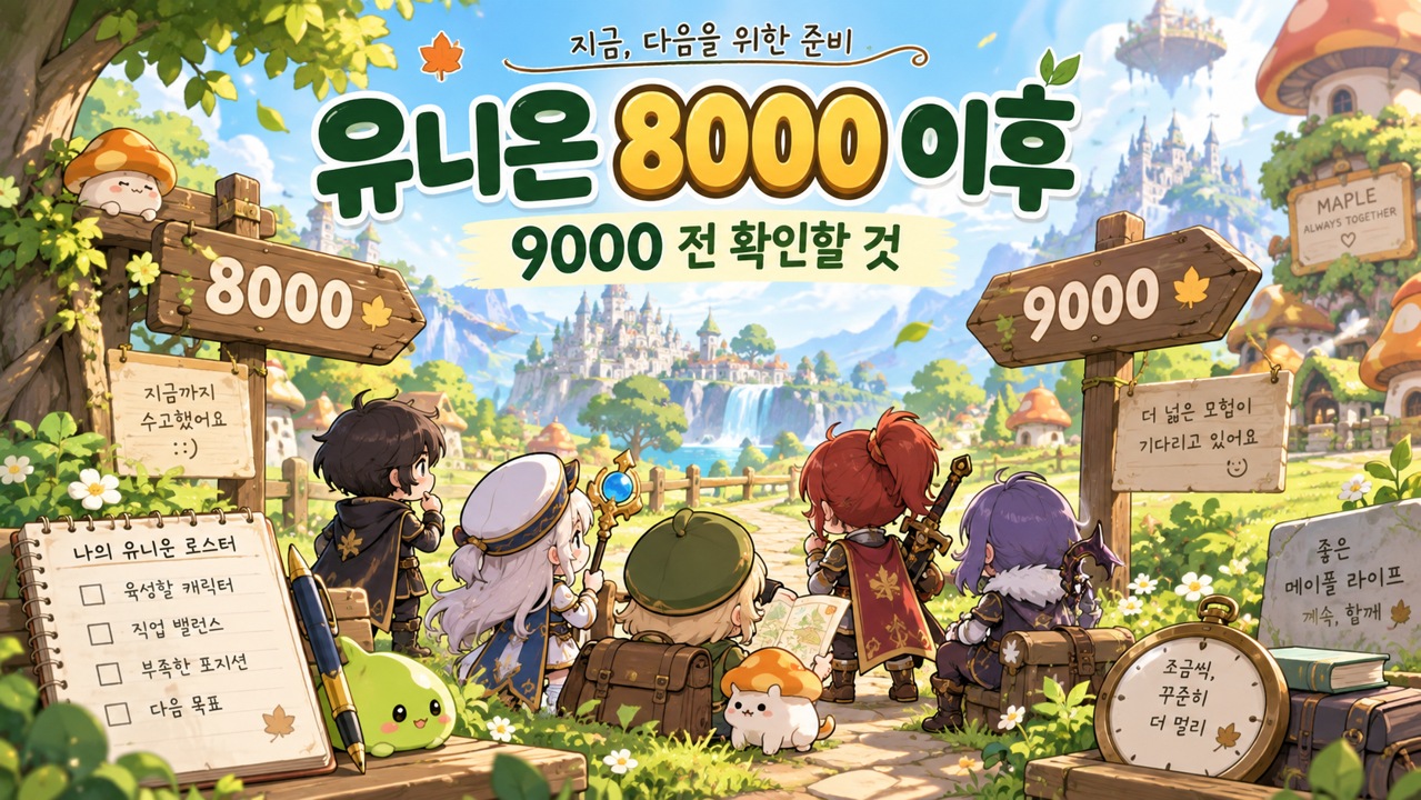 유니온 8000과 9000 이정표 사이에서 캐릭터 육성 계획을 점검하는 판타지 일러스트