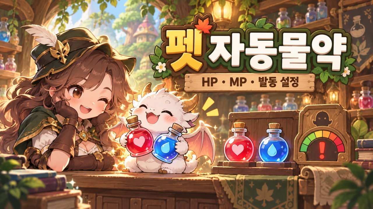 메이플 펫 자동물약 설정|HP·MP 등록과 안 먹는 이유 내용을 설명하는 판타지 일러스트