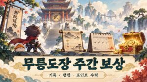 무릉도장 기록과 주간 정산 뒤 보상 수령을 구분하는 판타지 일러스트