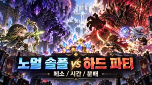 노멀 솔플 vs 하드 파티 · 내 몫 수입 · 총 소요시간 주제 일러스트