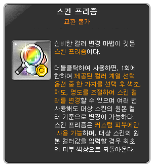 스킨 프리즘의 교환불가 속성과 커스텀 피부 전용 조건을 설명하는 공식 아이템 툴팁